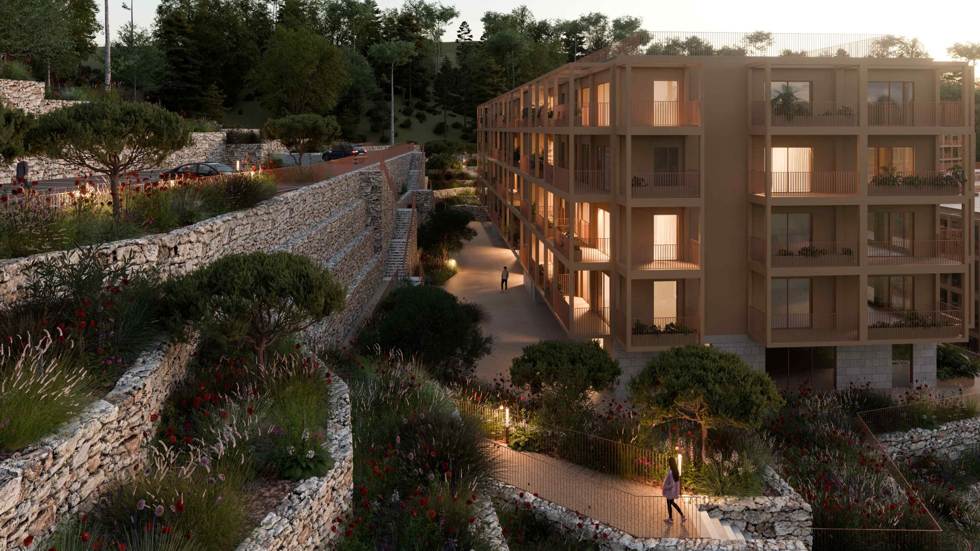 Fachada de Gaia Hills com jardins em socalcos