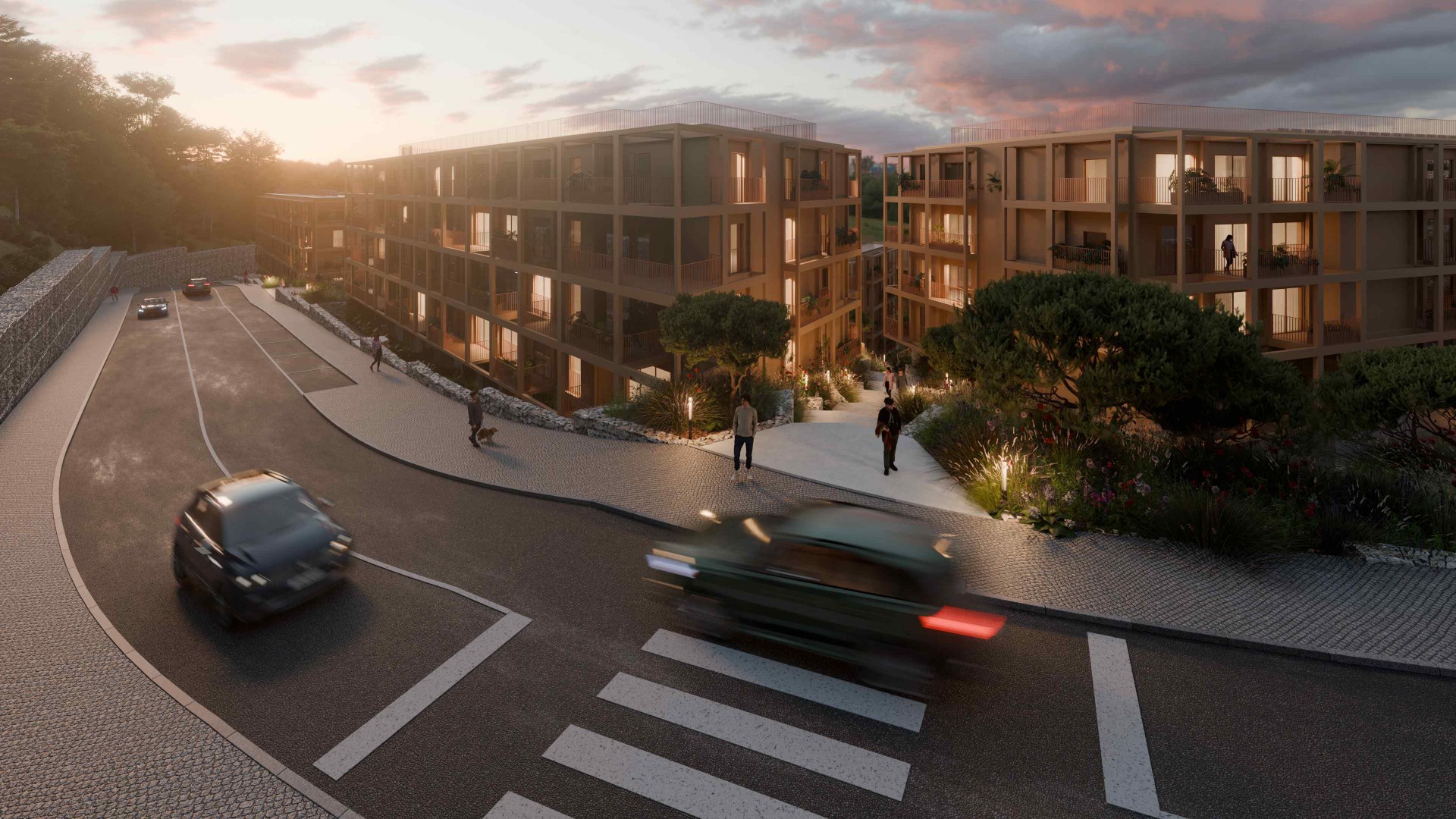 Vista exterior de Gaia Hills ao entardecer com acesso rodoviário