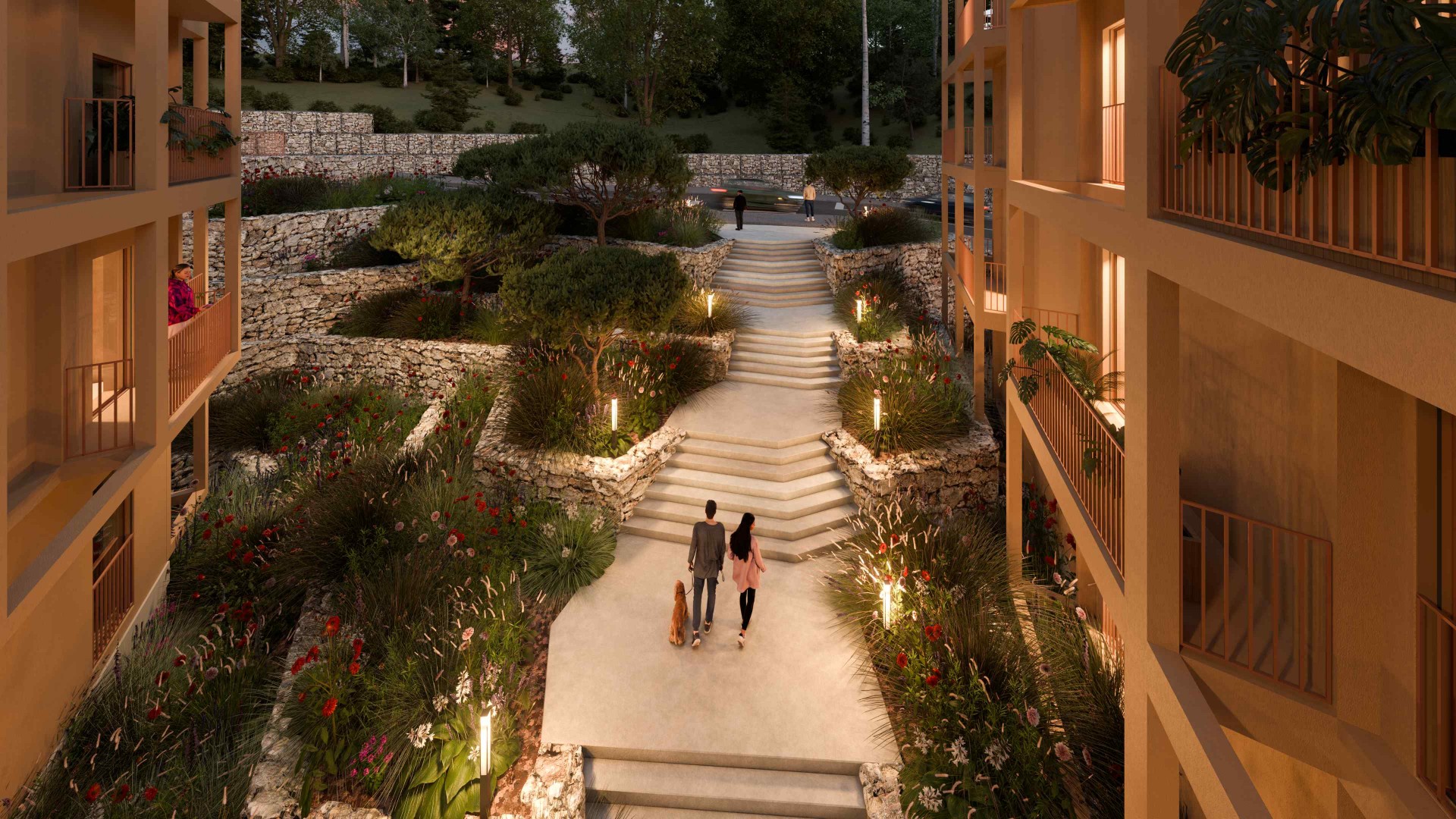 Passeio ajardinado entre edifícios com iluminação de ambiente
